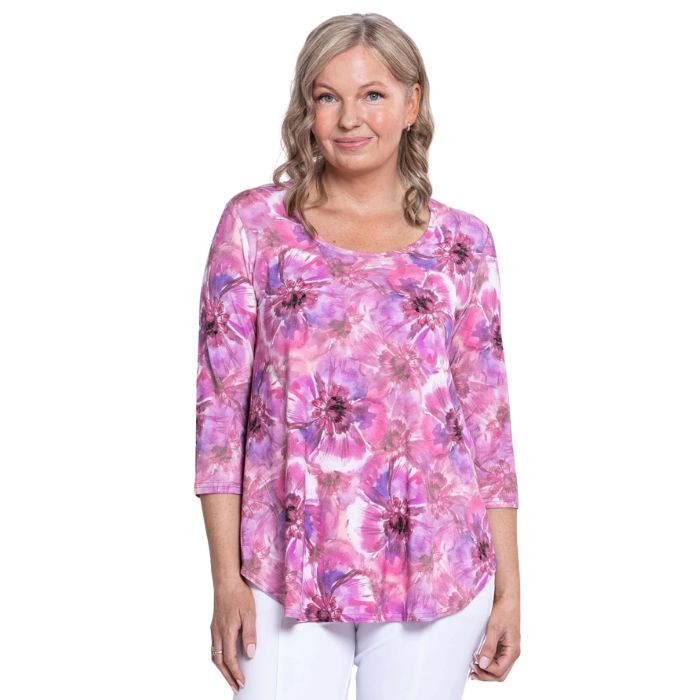 female model wearing jazz royale cardiff print three quarter sleeve top front view on white background