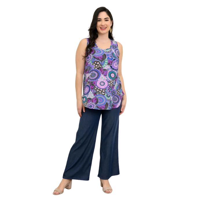 female model wearing royale peacock print jazz tank top and denim blue jeans front view on white background
