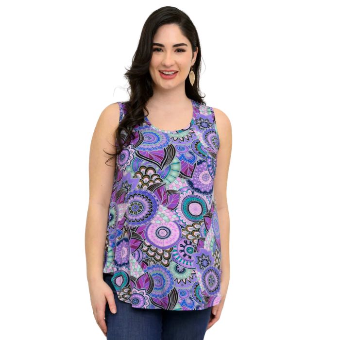female model wearing royale peacock print jazz tank top front view on white background