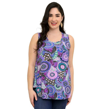 female model wearing royale peacock print jazz tank top front view on white background