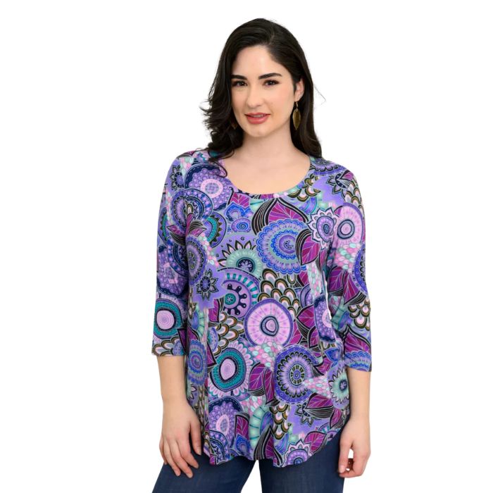 female model wearing jazz royale peacock print three quarter sleeve top front view on white background