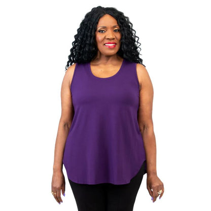 female model wearing royale purple jazz tank top front view on white background