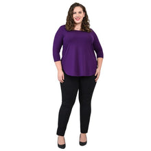 female model wearing jazz royal purple three quarter sleeve top and nadia black pants front  view on white background