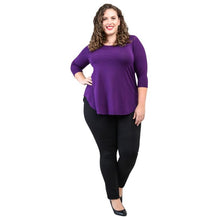 female model wearing jazz royal purple three quarter sleeve top and nadia black pants front  view on white background