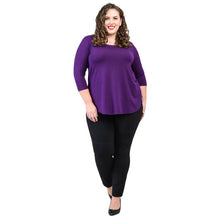 female model wearing jazz royal purple three quarter sleeve top and nadia black pants front  view on white background