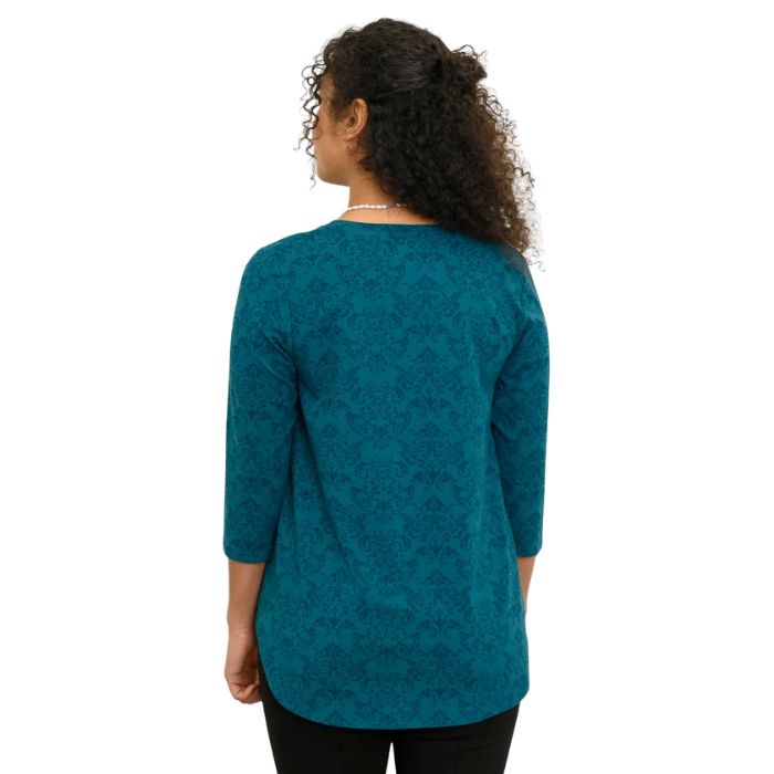 a women wearing teal empire print jazz  top waist up back view on white background