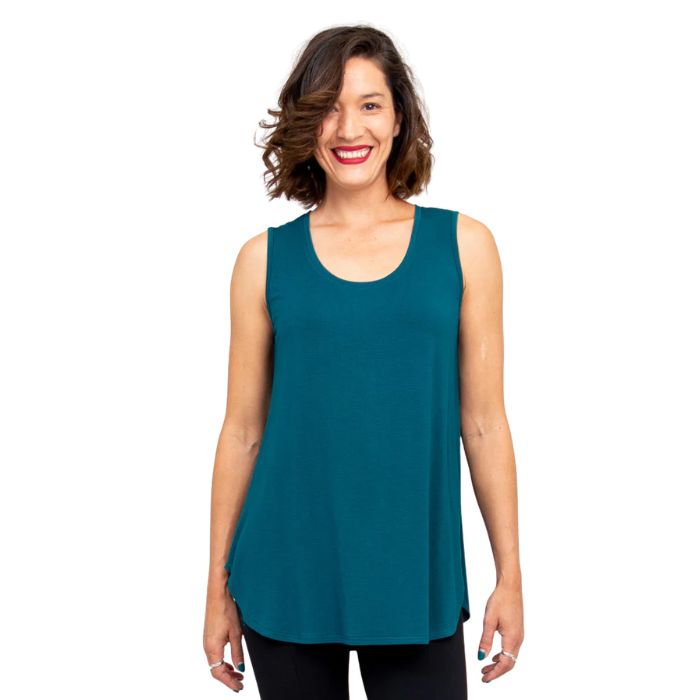 female model wearing teal green jazz tank top front view on white background