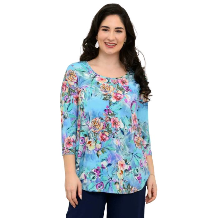 female model wearing jazz teal nectar print three quarter sleeve top front view on white background
