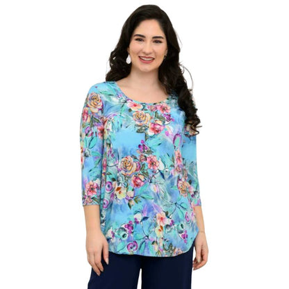 female model wearing jazz teal nectar print three quarter sleeve top front view on white background