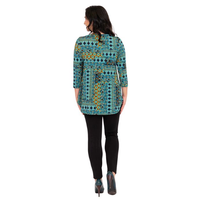 female model wearing jazz teal ways print three quarter sleeve top and black nadia pants back view on white background