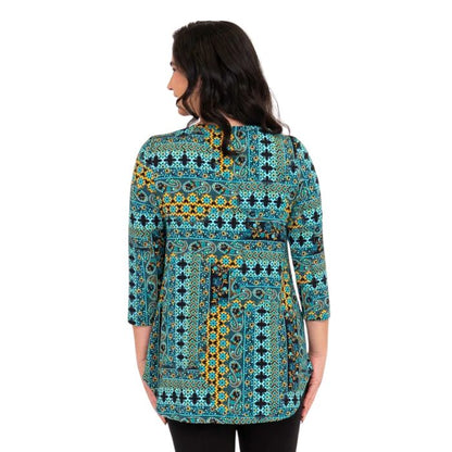 female model wearing jazz teal ways print three quarter sleeve top back view on white background