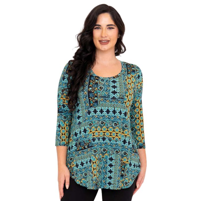 female model wearing jazz teal ways print three quarter sleeve top front view on white background