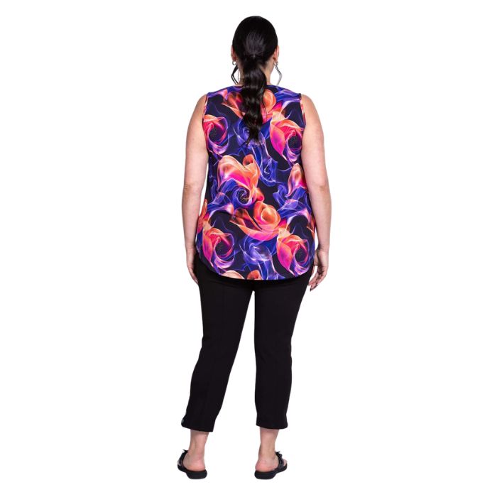 female model wearing violet daze print jazz tank top and black nadine cropped pants back view on white background