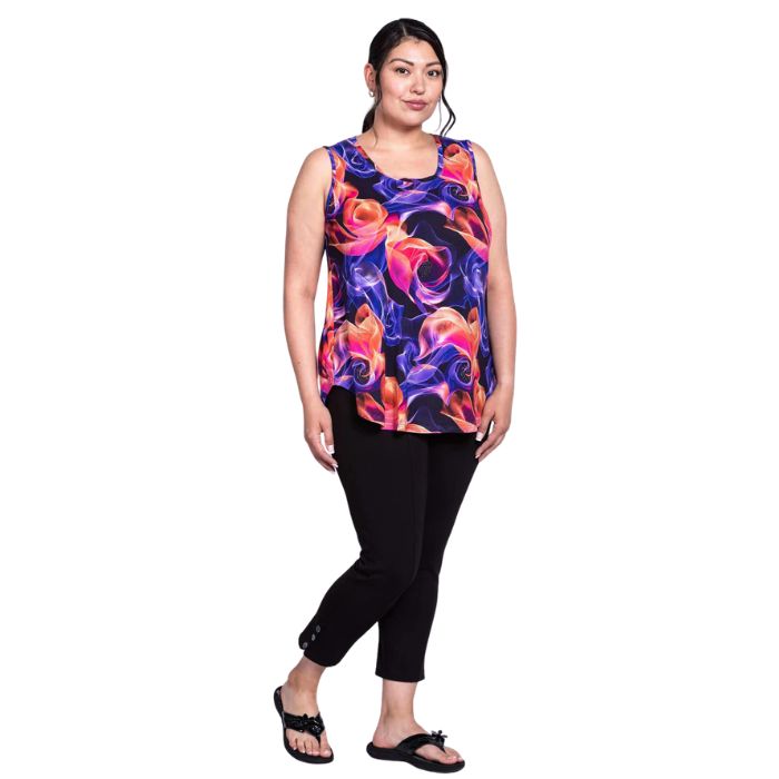 female model wearing violet daze print jazz tank top and black nadine cropped pants front view on white background