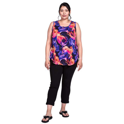 female model wearing violet daze print jazz tank top and black nadine cropped pants front view on white background