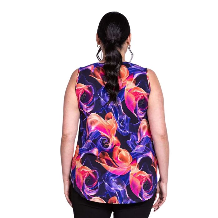 female model wearing violet daze print jazz tank top back view on white background