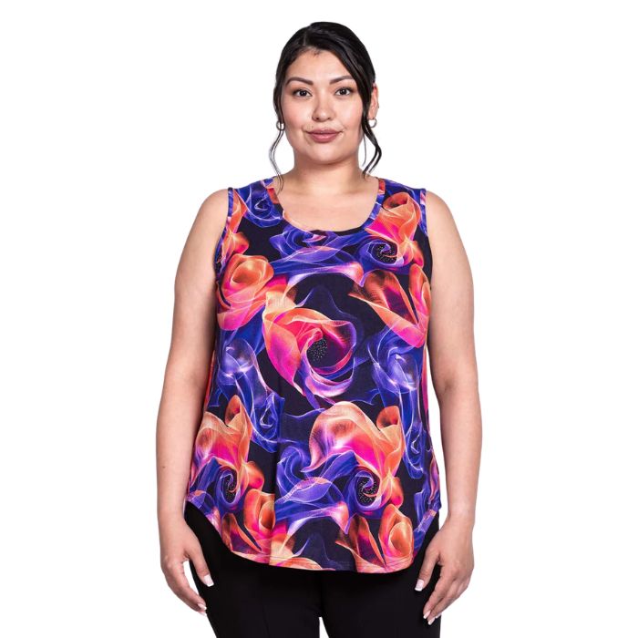 female model wearing violet daze print jazz tank top front view on white background