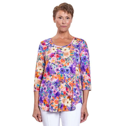 female model wearing jazz violet fiesta print three quarter sleeve top front view on white background