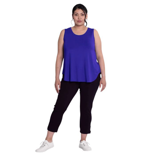 female model wearing violet purple jazz tank top and black susan cropped pants front view on white background