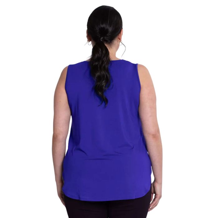 female model wearing violet purple jazz tank top back view on white background