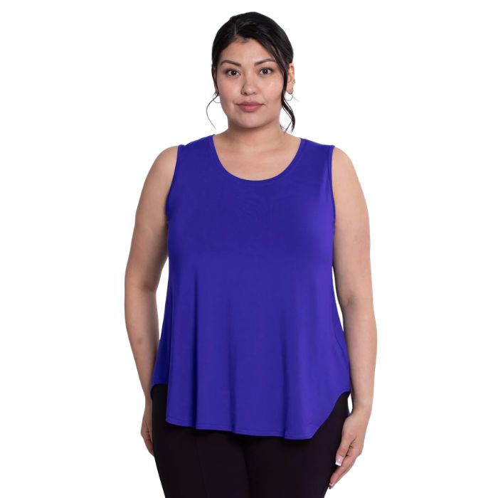 female model wearing violet purple jazz tank top front view on white background