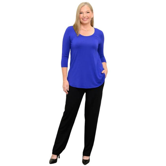 woman wearing violet purple jazz three quarter sleeve top and black clair pants front view set on a white background