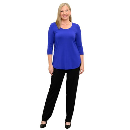 woman wearing violet purple jazz three quarter sleeve top and black clair pants front view set on a white background
