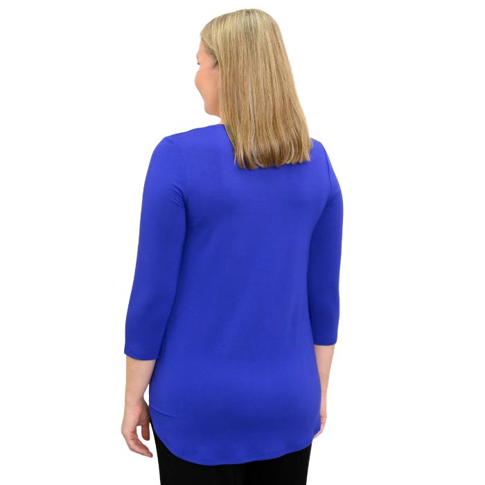 woman wearing violet purple jazz three quarter sleeve top back view set on a white background