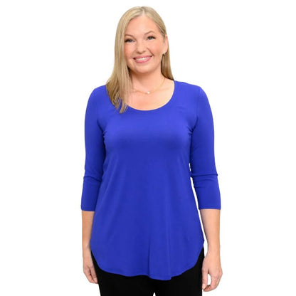 woman wearing violet purple jazz three quarter sleeve top front view set on a white background