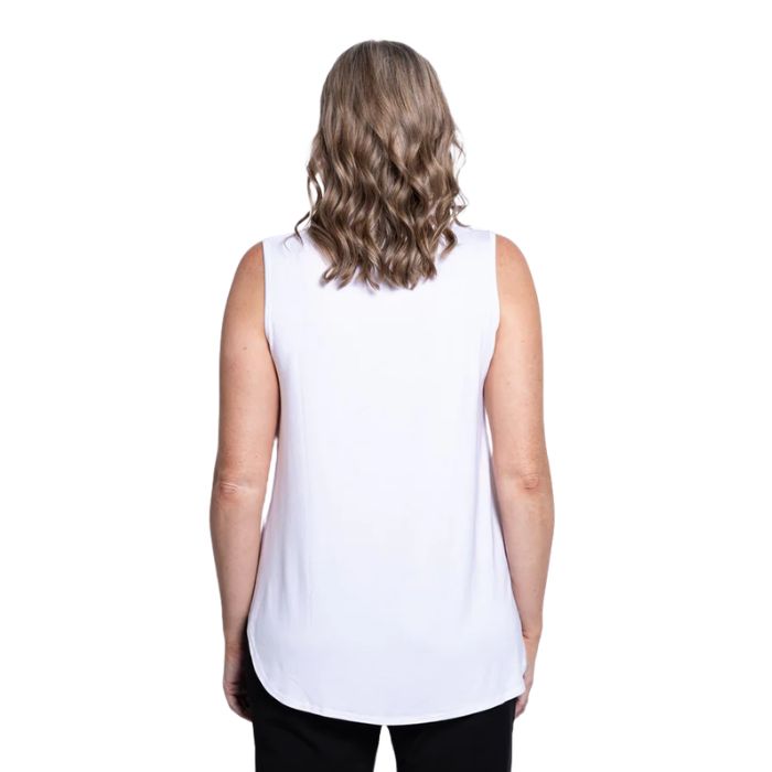 female model wearing white jazz tank top back view on white background
