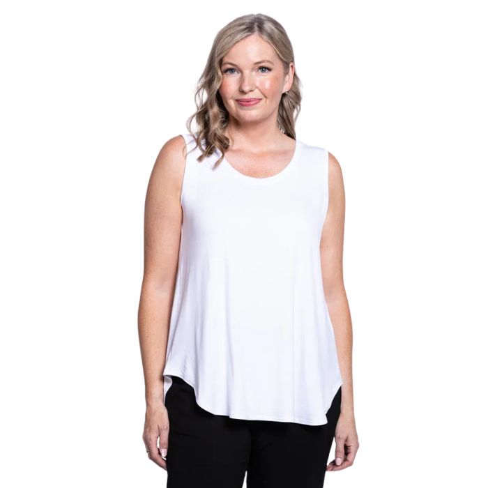 female model wearing white jazz tank top front view on white background
