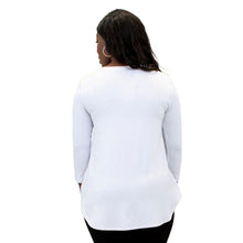 top half of female model wearing jazz white three quarter sleeve top back view on white background