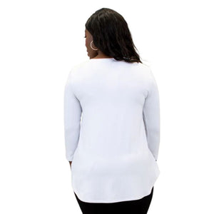 top half of female model wearing jazz white three quarter sleeve top back view on white background