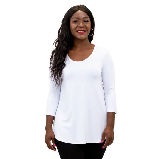 top half of female model wearing jazz white three quarter sleeve top front view on white background