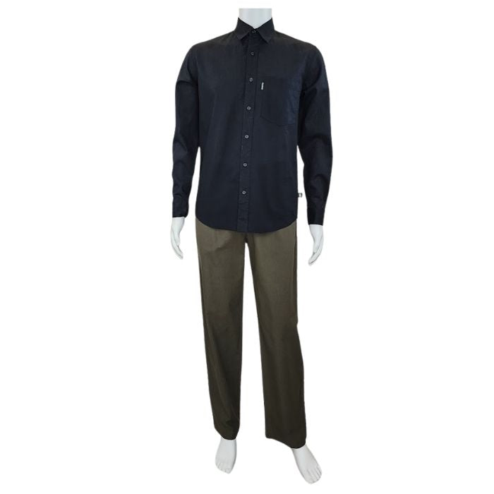 mannequin wearing army green jeff pants and black ryan dress shirt front view on white background