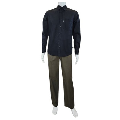 mannequin wearing army green jeff pants and black ryan dress shirt front view on white background