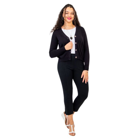 female model wearing jessica black button up cardigan  sweater, reanna white tank top and nadine black cropped pants front view on white background