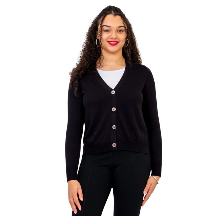top of model wearing jessica black button up cardigan sweater front view of sweater on white background