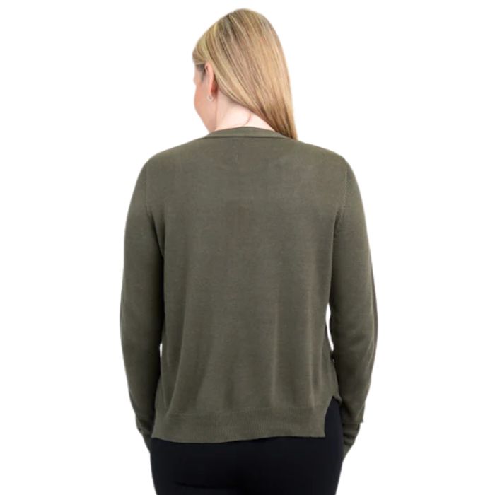 female model wearing khaki geen jessica button up cardigan sweater back view on white background