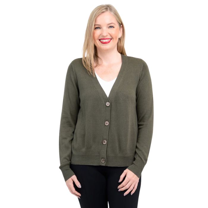 female model wearing khaki geen jessica button up cardigan sweater front view on white background