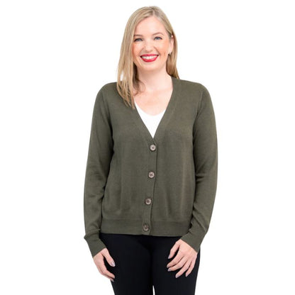 female model wearing khaki geen jessica button up cardigan sweater front view on white background