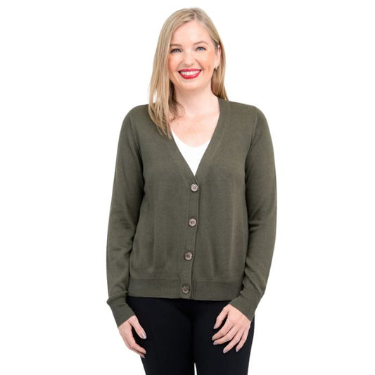 female model wearing khaki geen jessica button up cardigan sweater front view on white background