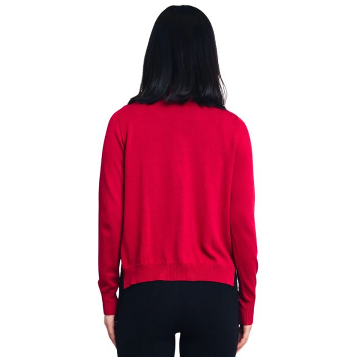 female model wearing lipstick red jessica button up cardigan sweater back view on white background