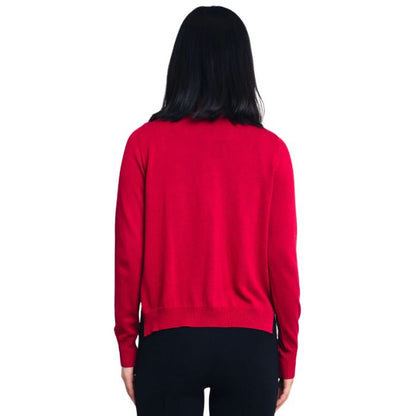 female model wearing lipstick red jessica button up cardigan sweater back view on white background