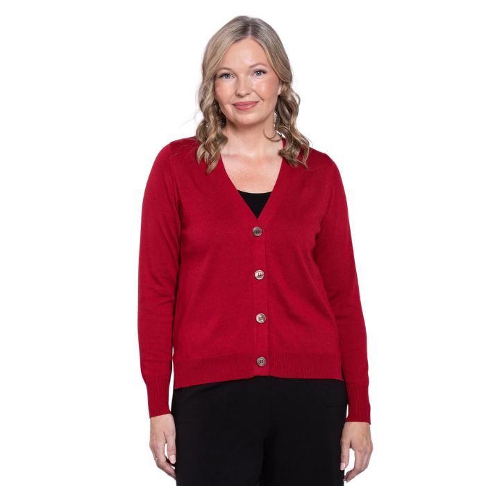 female model wearing lipstick red jessica button up cardigan sweater front view on white background