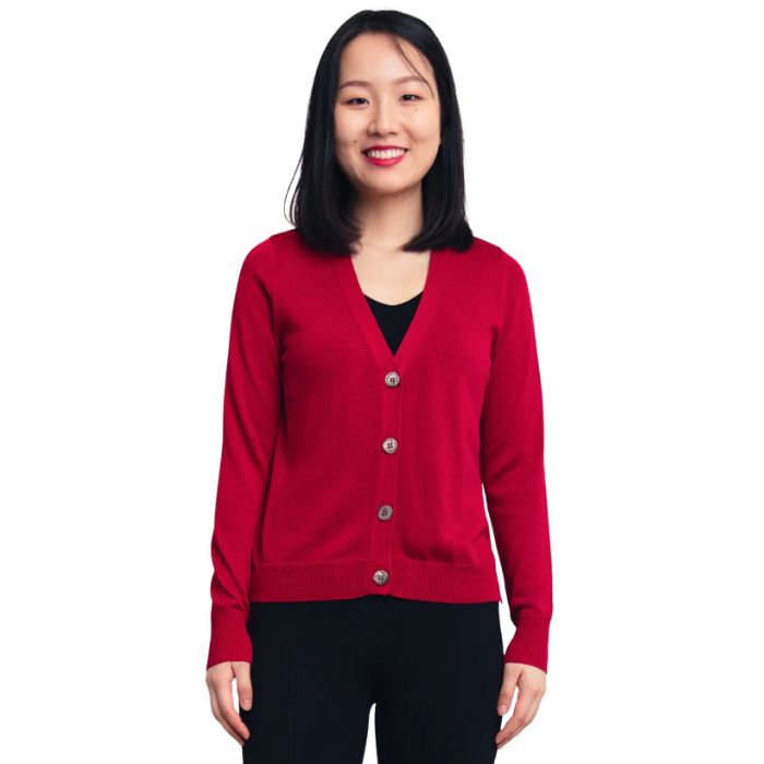 female model wearing lipstick red jessica button up cardigan sweater front view on white background