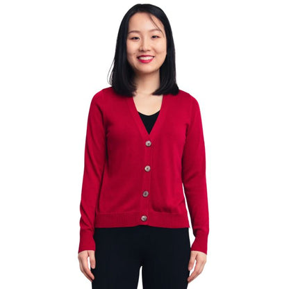 female model wearing lipstick red jessica button up cardigan sweater front view on white background