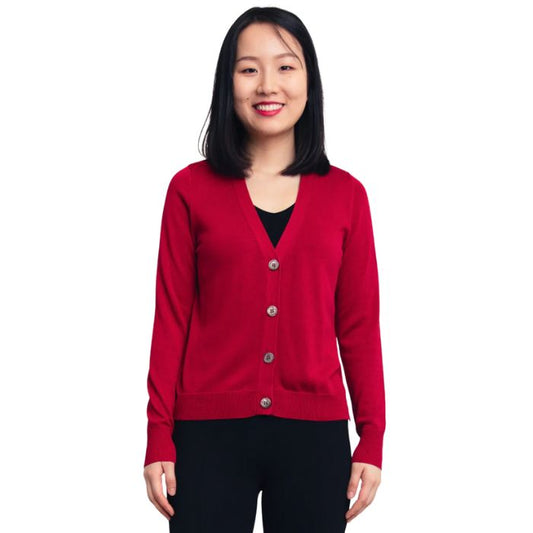 female model wearing lipstick red jessica button up cardigan sweater front view on white background