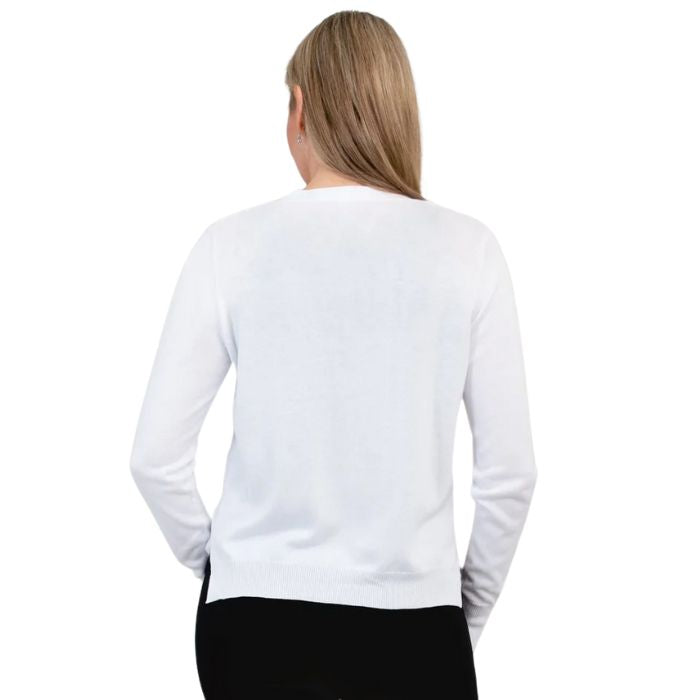 top of female model wearing jessica white button up cardigan sweater back view on white background