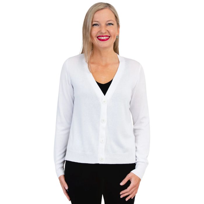 top of female model wearing jessica white button up cardigan sweater front view on white background